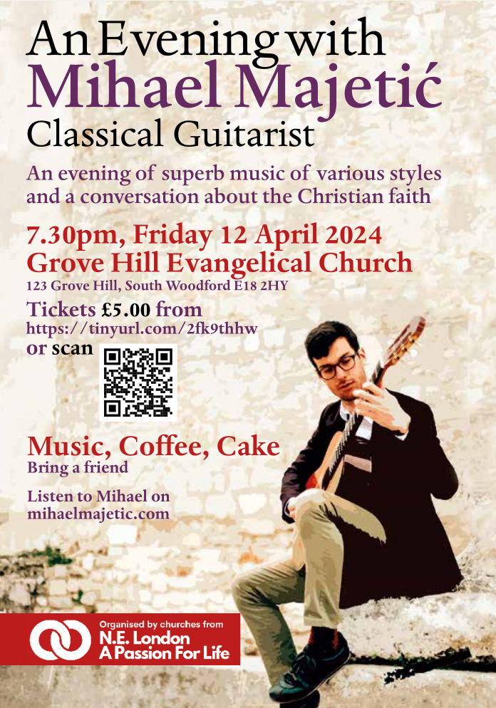Mihael Majetić flyer for an event at grove Hill Evangelical Church on 12th April.